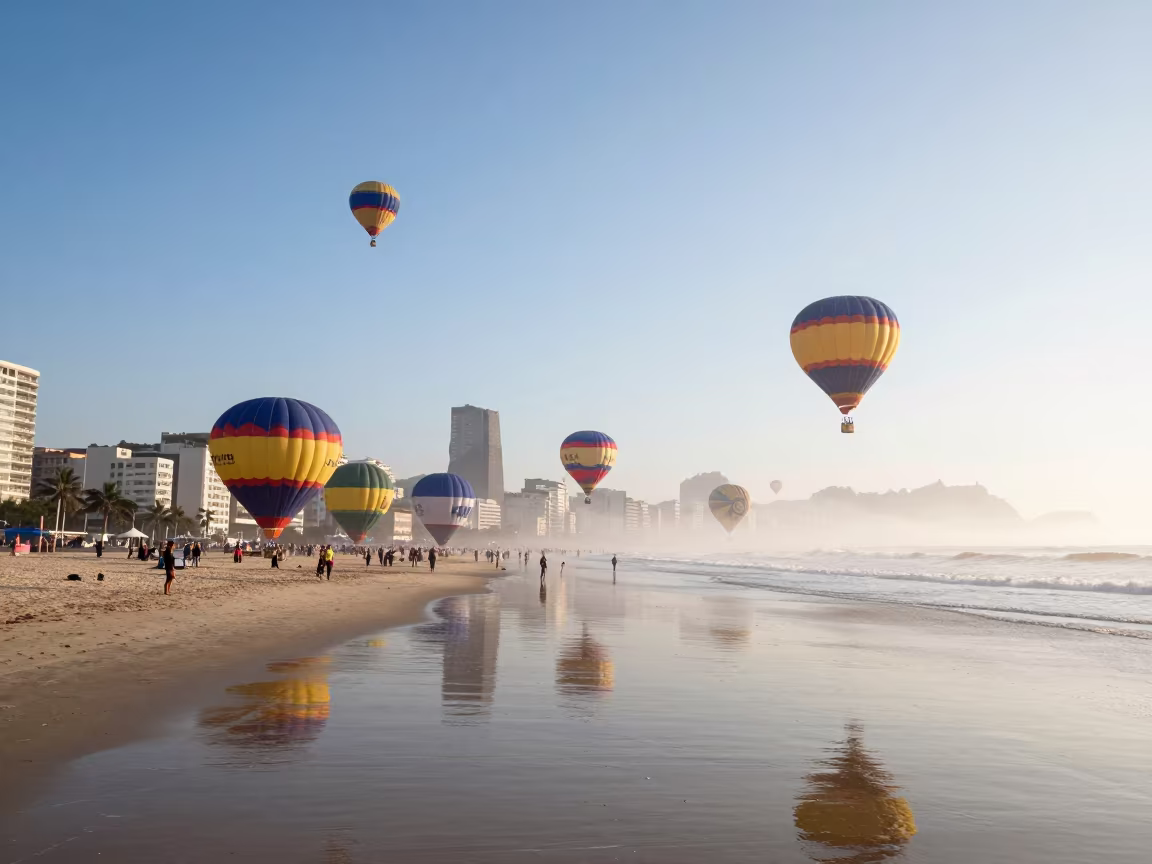 Dawn Hot Air Balloons Over Copacabana Waterfront in at a waterfront celebration in Copacabana