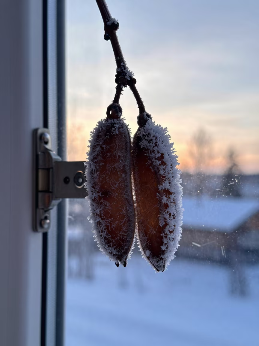 Dawn Ice Crystal on Window Hinge Inside Seed Pod in inside a seed pod split open in Rovaniemi