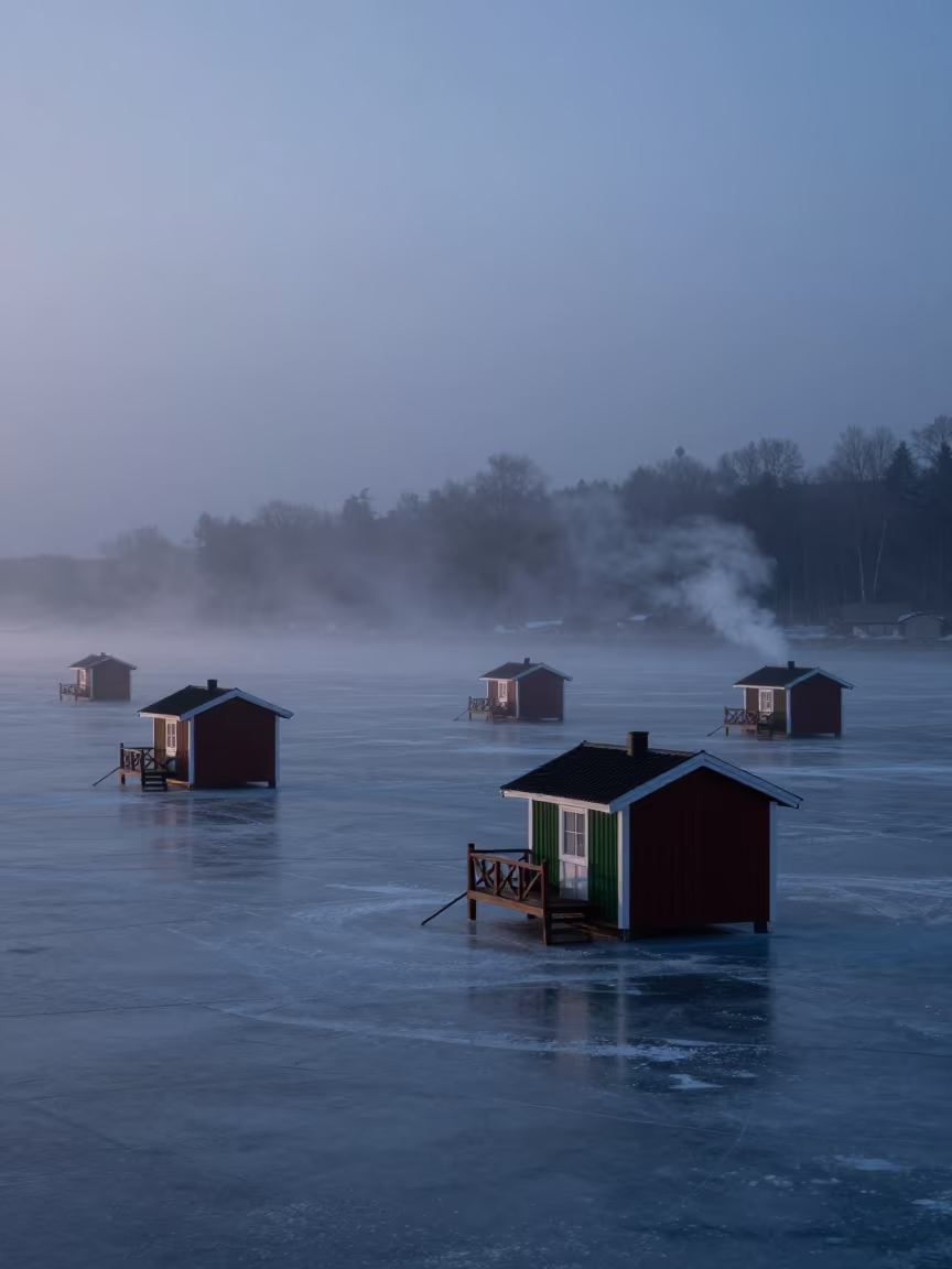 Dawn Ice Fishing Shanties in Stockholm Mist in near Stockholm