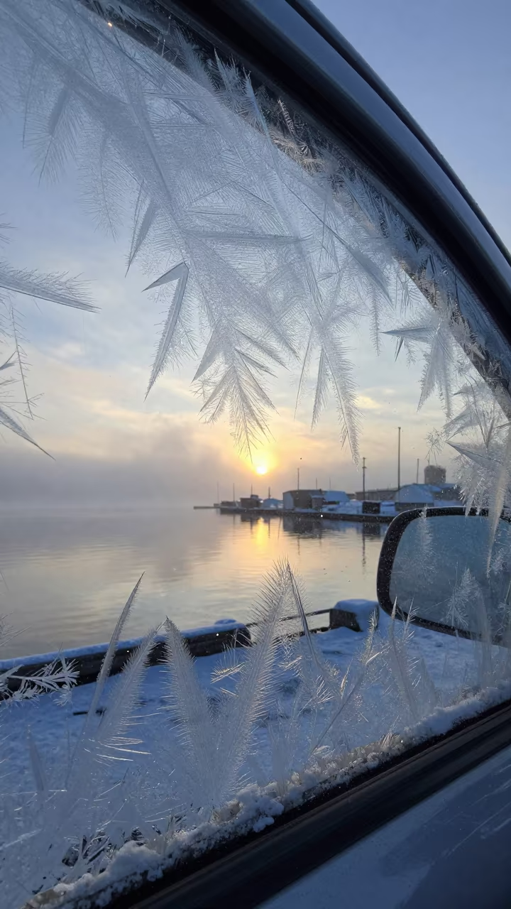 Dawn Ice Fractals on Car Window Harbor in beside a fogbound harbor mouth in Canada