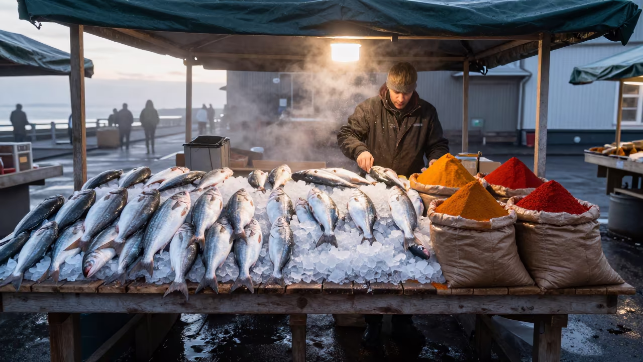 Dawn Ice and Spice at Reykjavik Fish Market in at a spice vendor's table in Skolavordustigur, Reykjavik