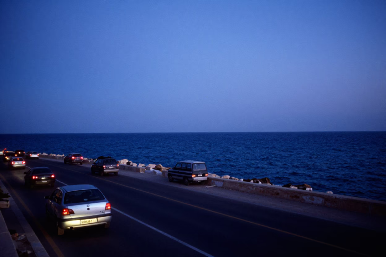 Dawn in Alexandria Egypt Coastal Road Traffic and Mediterranean Horizon Before Sunrise in in Alexandria, Egypt