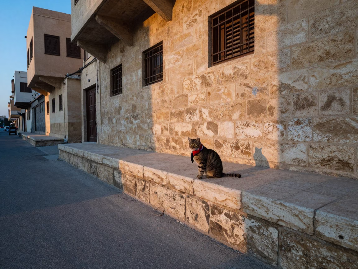 Dawn in Alexandria Egypt Street Scene with Tabby Cat and Scarf in in Alexandria, Egypt