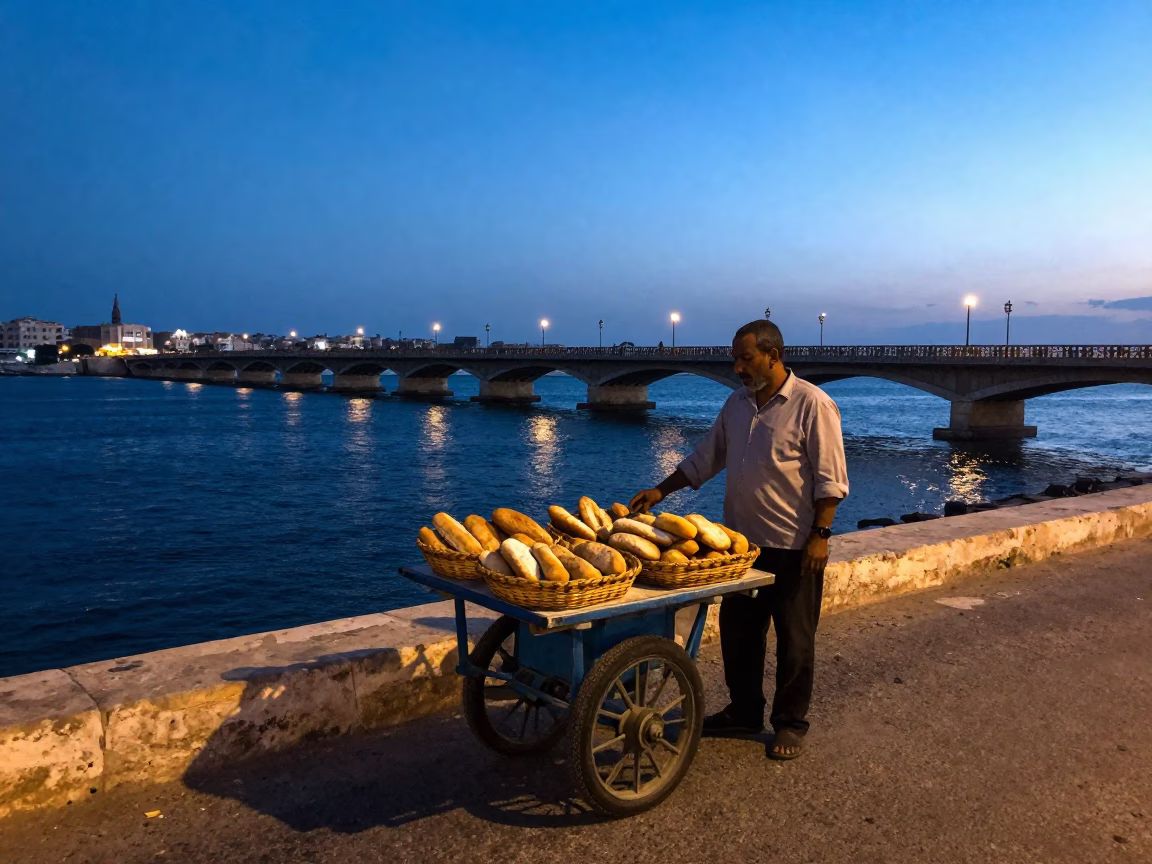 Dawn in Alexandria Egypt Street Vendor with Bread Basket and Bridge Pier in in Alexandria, Egypt