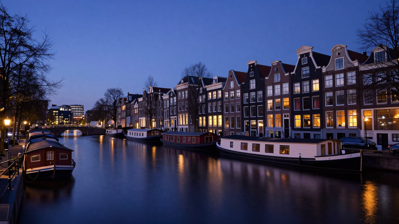Dawn in Amsterdam Netherlands Traditional Houseboats and Canals Before Sunrise in in Amsterdam, Netherlands