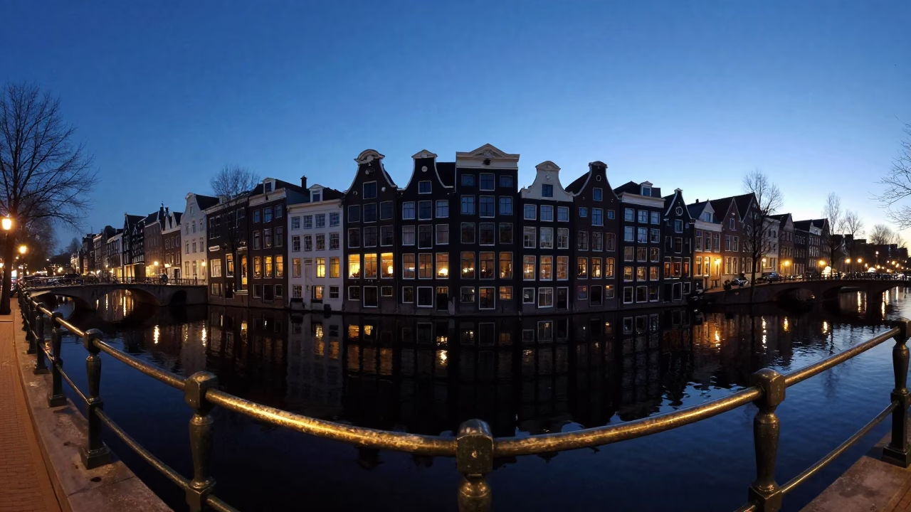 Dawn in Amsterdam Netherlands with Polished Brass Rail and Canal Reflections in in Amsterdam, Netherlands