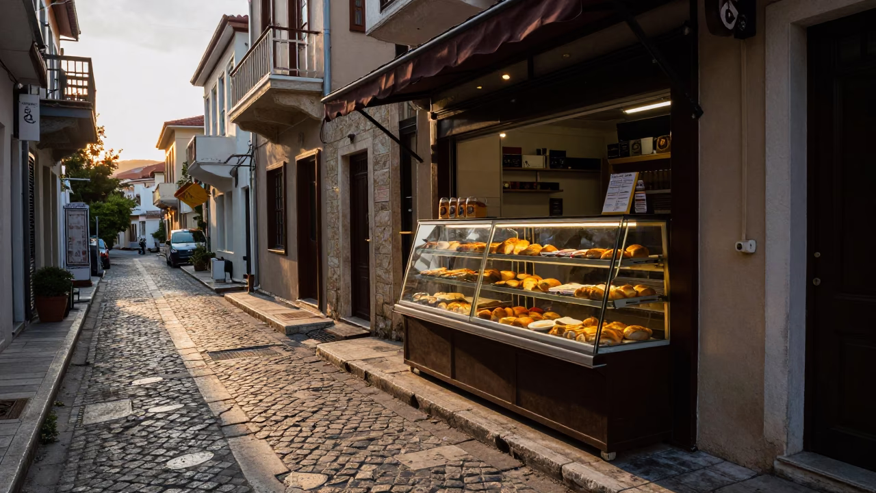 Dawn in Athens Greece Street Scene with Local Bakery Display and Morning Light in in Athens, Greece