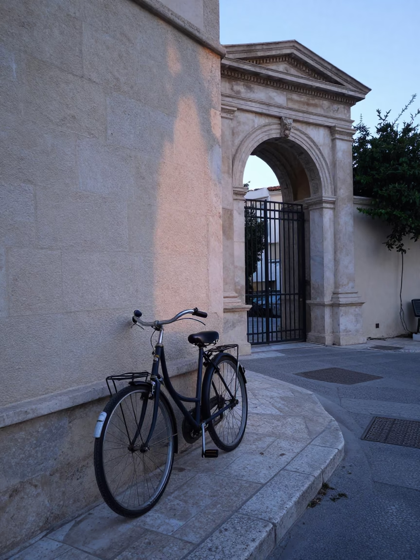 Dawn in Athens Greece Street Scene with Vintage Bicycle and Stone Architecture in in Athens, Greece
