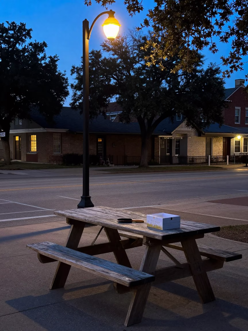 Dawn in Austin Texas Street Scene with Shoebox and Hair Comb on Wooden Surface in in Austin, Texas, United States