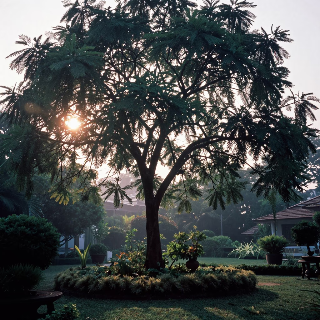 Dawn in Bangkok Thailand Garden with Tamarind Tree and Morning Light in in Bangkok, Thailand