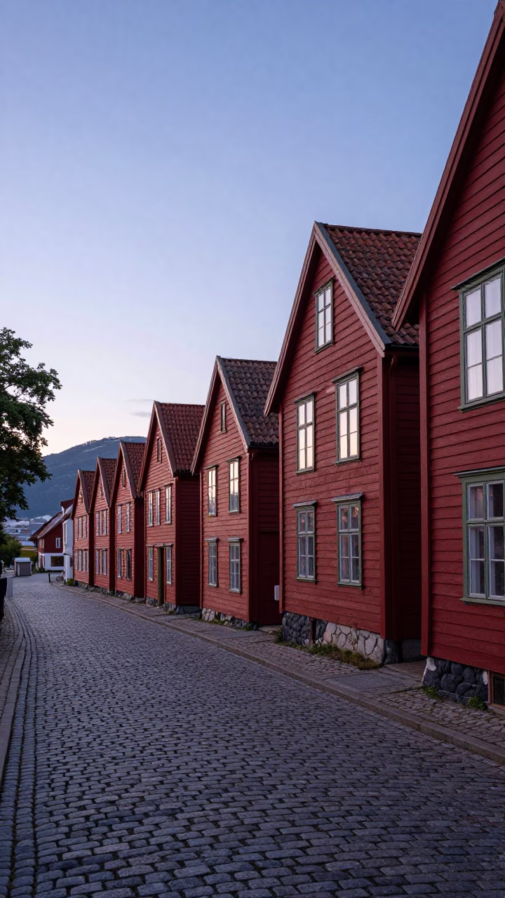 Dawn in Bergen Norway with Cobblestone Streets and Traditional Red Wooden Houses in in Bergen, Norway
