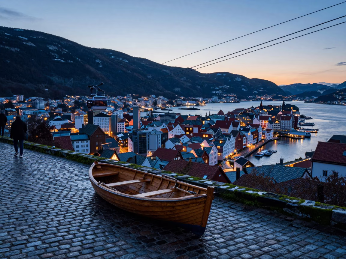 Dawn in Bergen Norway with Fjellheisen Cable Car Over City and Rowboat in in Bergen, Norway