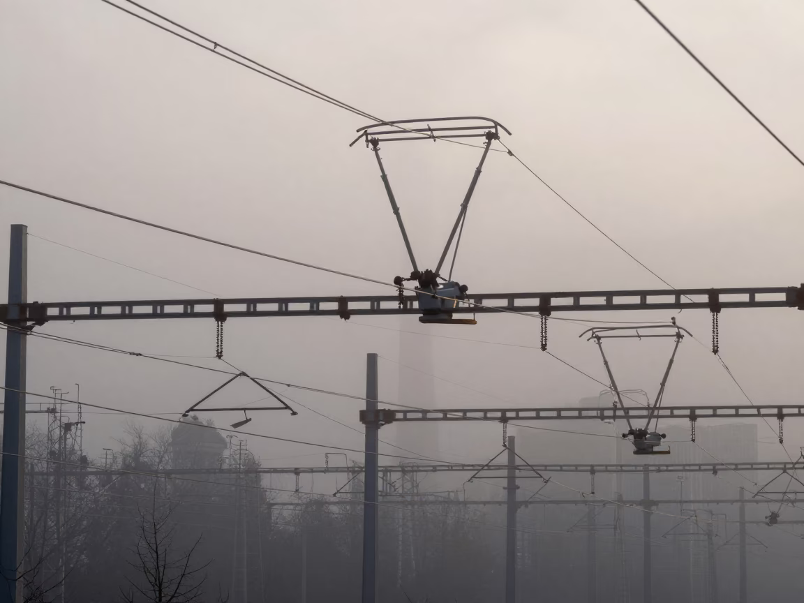 Dawn in Berlin Germany Rusty Industrial Rail Catenary System and Urban Decay in in Berlin, Germany