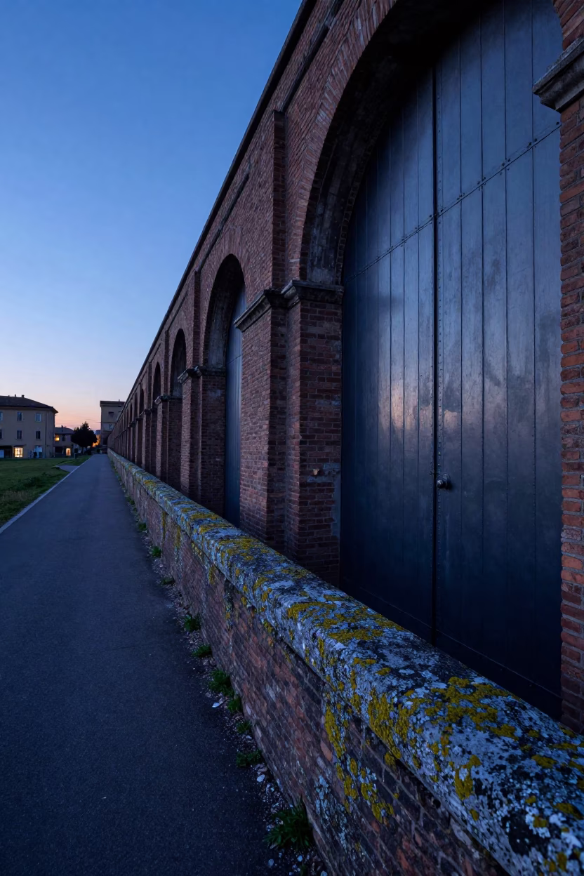 Dawn in Bologna Italy with Aqueduct Parapets and Steel Doors in in Bologna, Italy