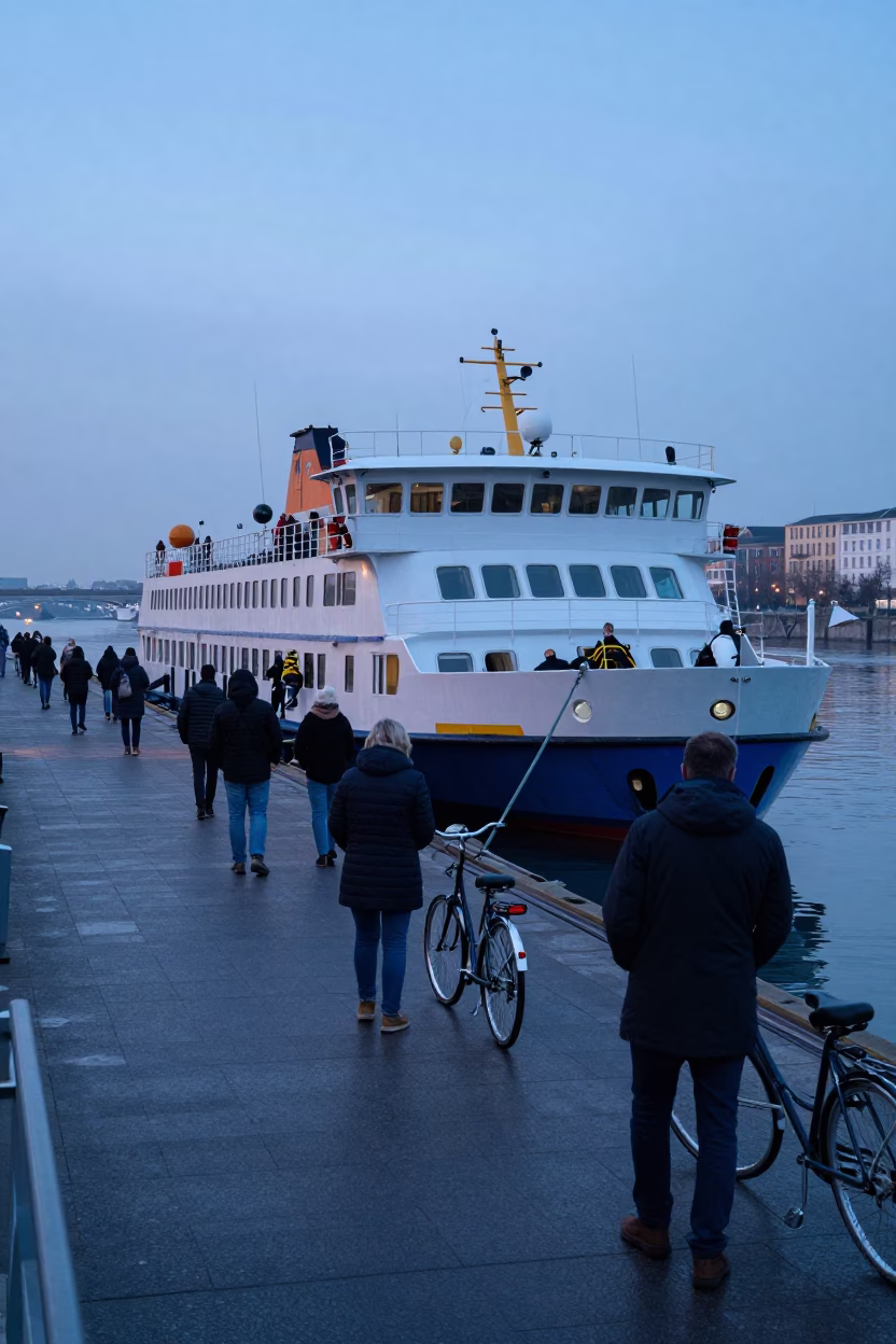 Dawn in Brussels Belgium Ferry Dock Loading Passengers Bicycles Early Morning Light in in Brussels, Belgium