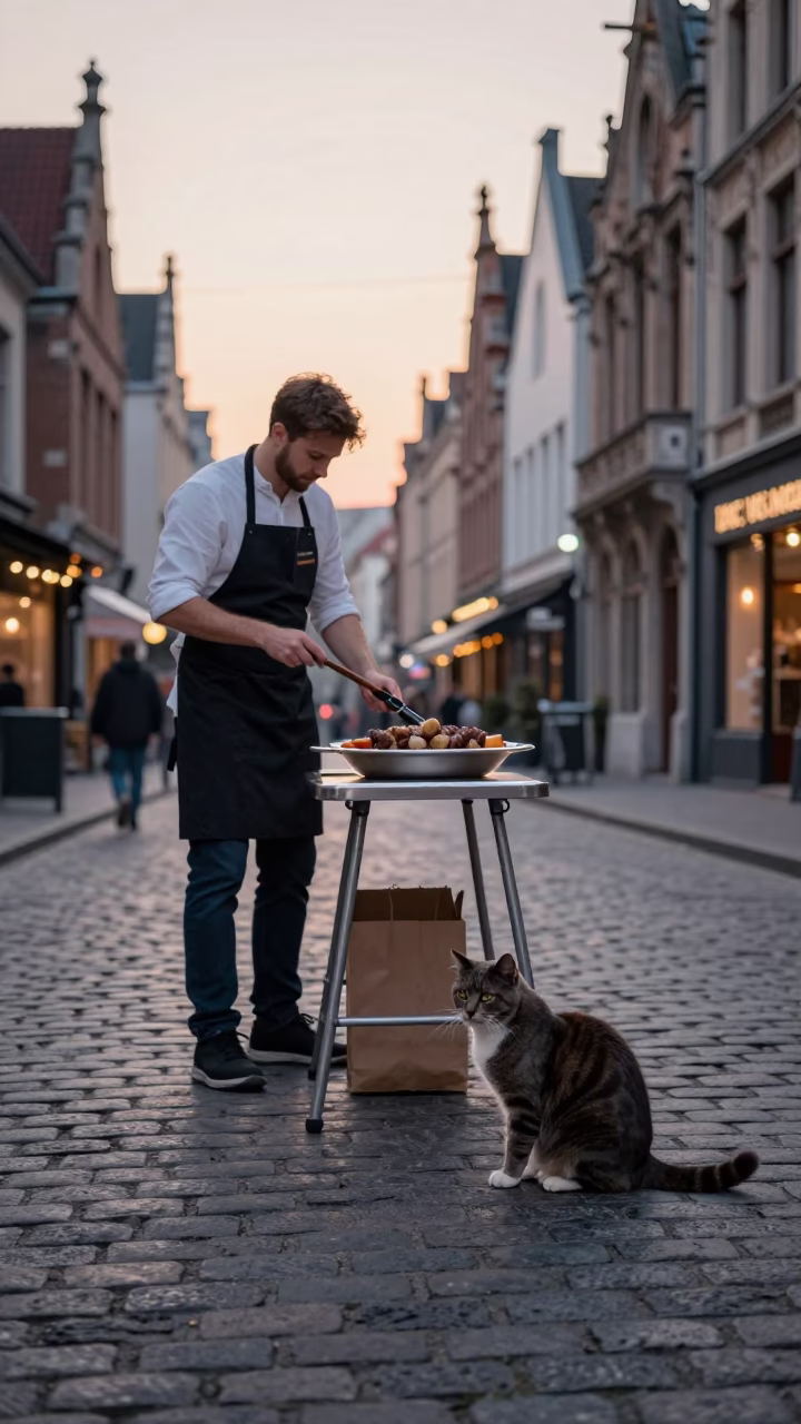 Dawn in Brussels Belgium with Aprons and Kebab Plate on Cobblestone Street in in Brussels, Belgium