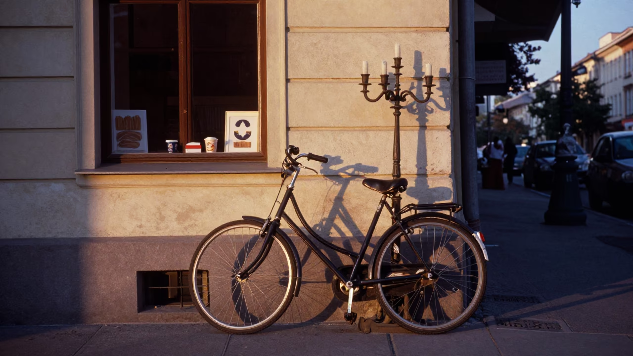Dawn in Budapest Hungary bicycle propped against bakery with candelabra in in Budapest, Hungary