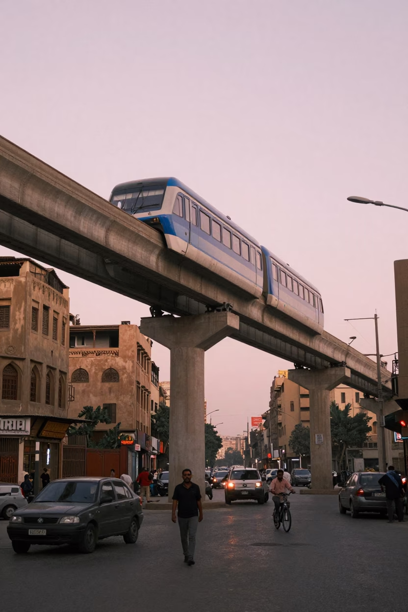 Dawn in Cairo Egypt Street Scene with Monorail Overhead and Traditional Wooden Door in in Cairo, Egypt