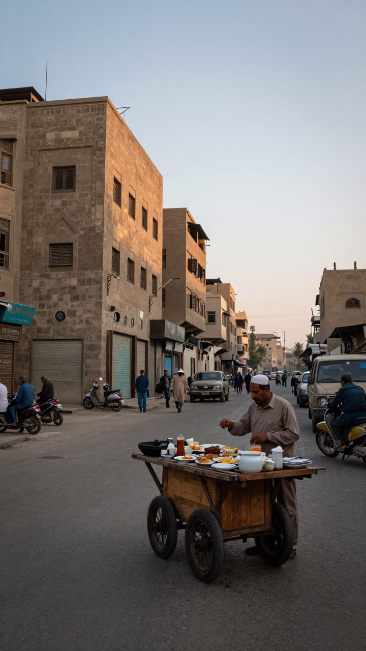 Dawn in Cairo Egypt Street Scene with Traditional Breakfast and Daily Life in in Cairo, Egypt