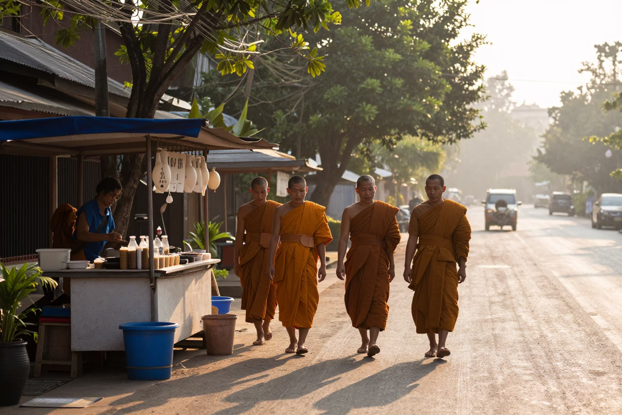 Dawn in Chiang Mai Thailand Monks Walking Past Morning Coffee Stall in in Chiang Mai, Thailand