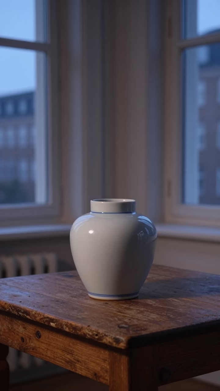 Dawn in Copenhagen Denmark Blue and White Porcelain Jar on Wooden Table in in Copenhagen, Denmark