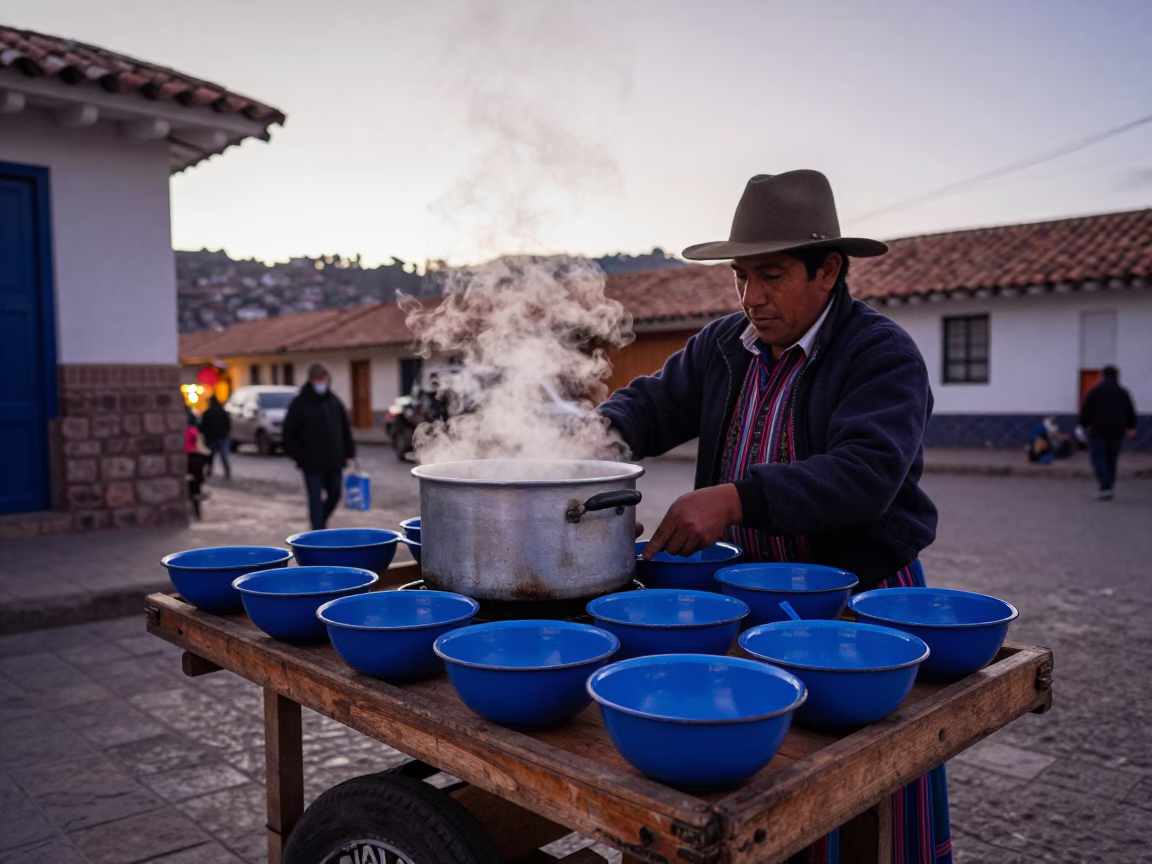 Dawn in Cusco Peru Enamel Bowls and Steam at Street Breakfast Stand in in Cusco, Peru