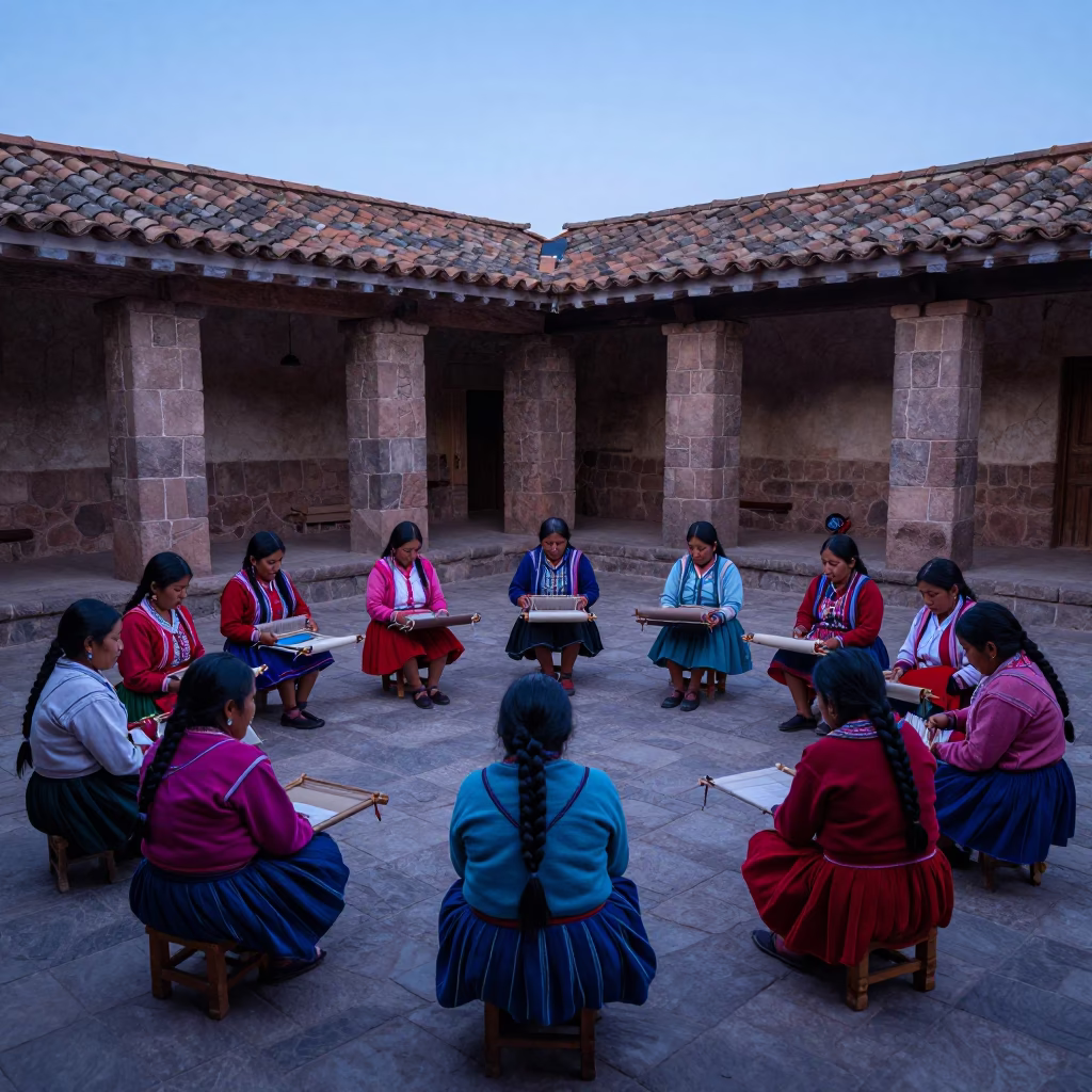 Dawn in Cusco Peru indigenous weaving circle with backstrap looms early morning light in in Cusco, Peru