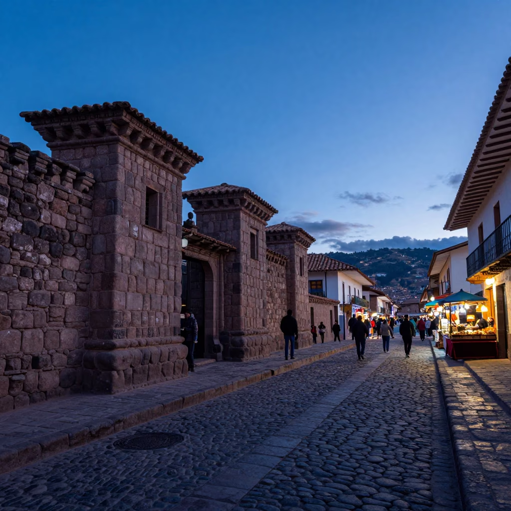 Dawn in Cusco Peru with Inca Stone Walls and Local Market Activity in in Cusco, Peru