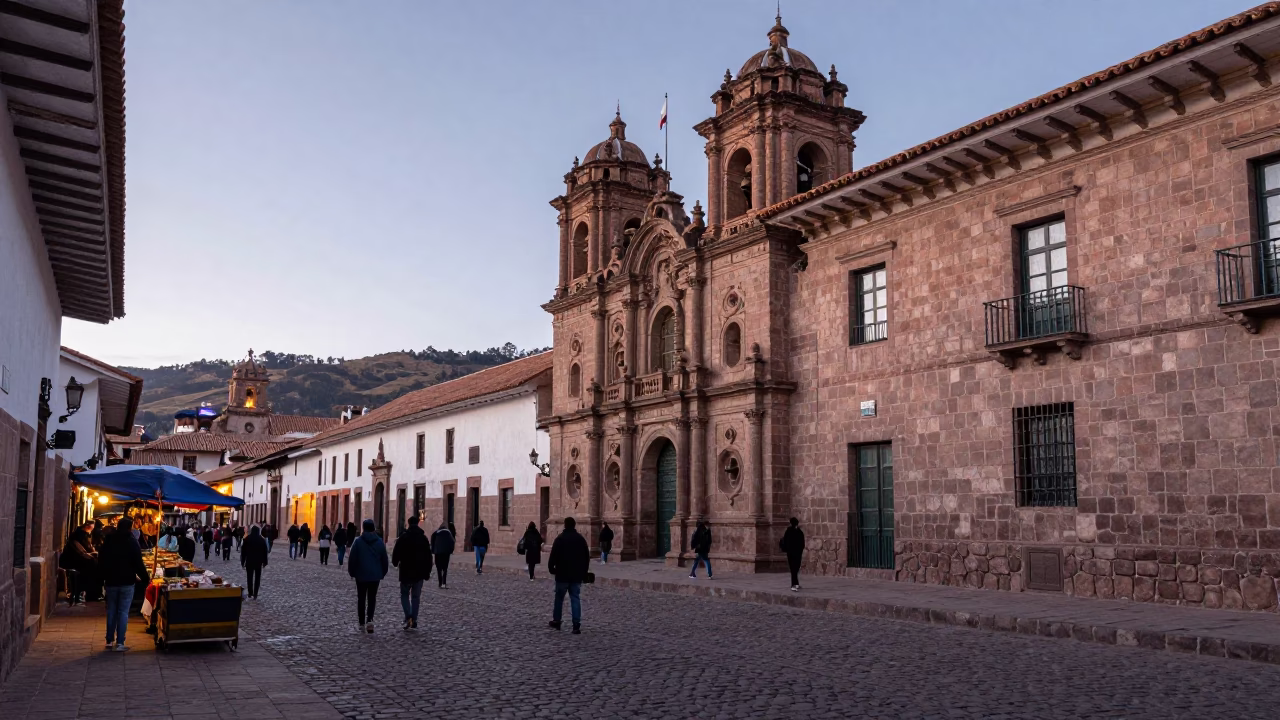 Dawn in Cusco Peru with Stone Architecture and Local Market Activity in in Cusco, Peru