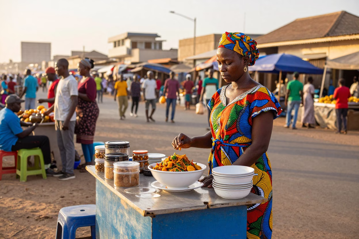 Dawn in Dakar Senegal Street Market with Bowl of Thieboudienne and Cup in in Dakar, Senegal