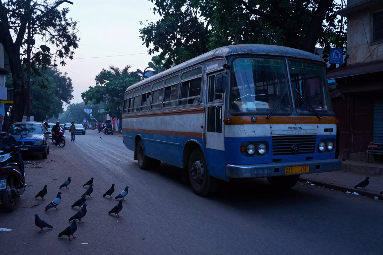 Dawn in Delhi India Street Scene with Pigeons and Old Bedford Bus in in Delhi, India