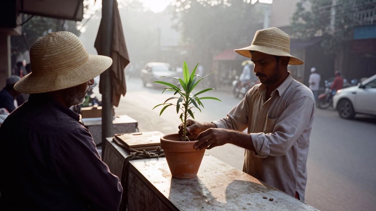 Dawn in Delhi Street with Flowerpot and Sun Hats Near Old City in in Delhi, India