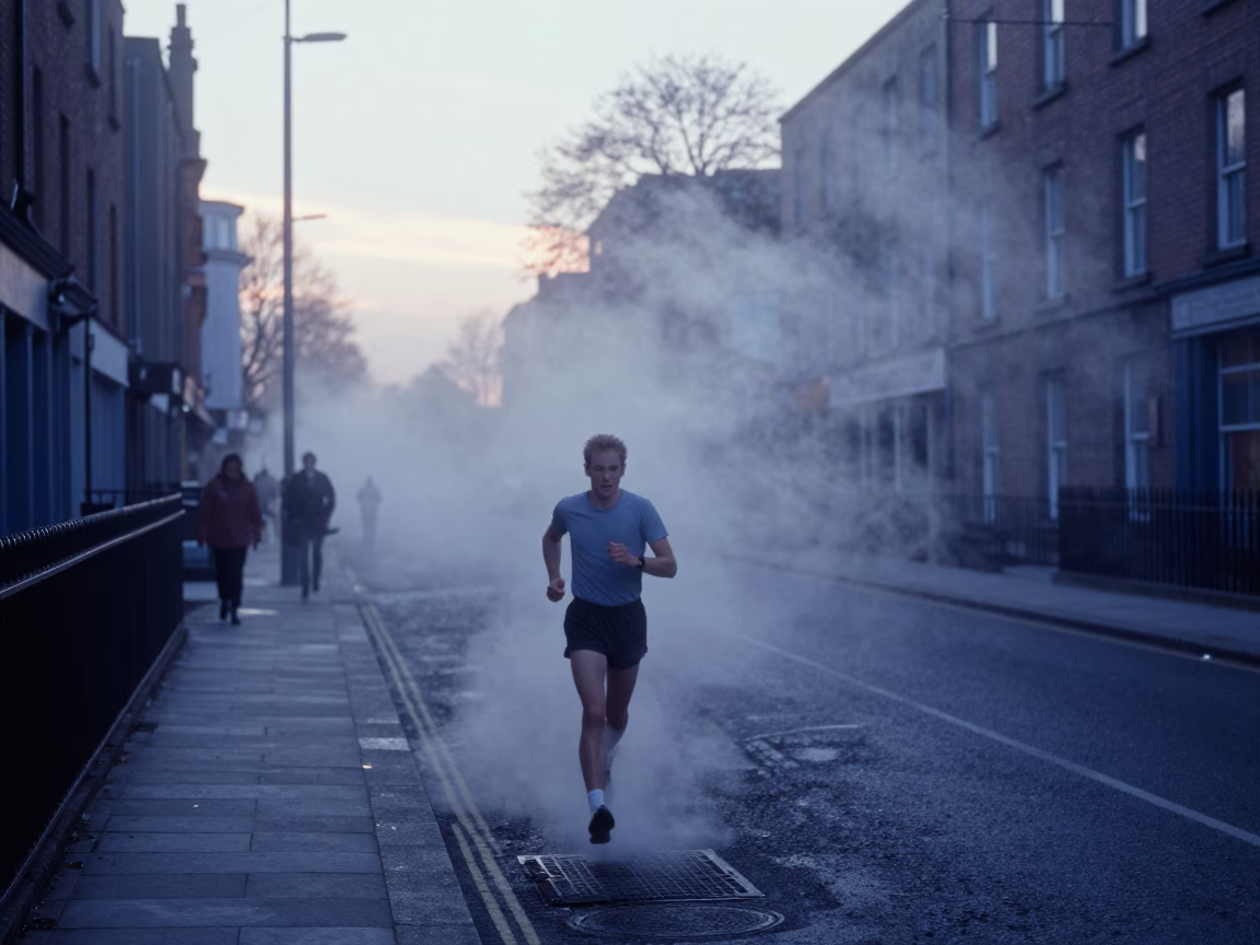 Dawn in Dublin Ireland with Steam Haze Above Runner at First Light in in Dublin, Ireland