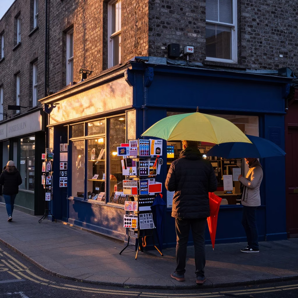 Dawn in Dublin Ireland with Umbrellas and Postcards at First Light in in Dublin, Ireland