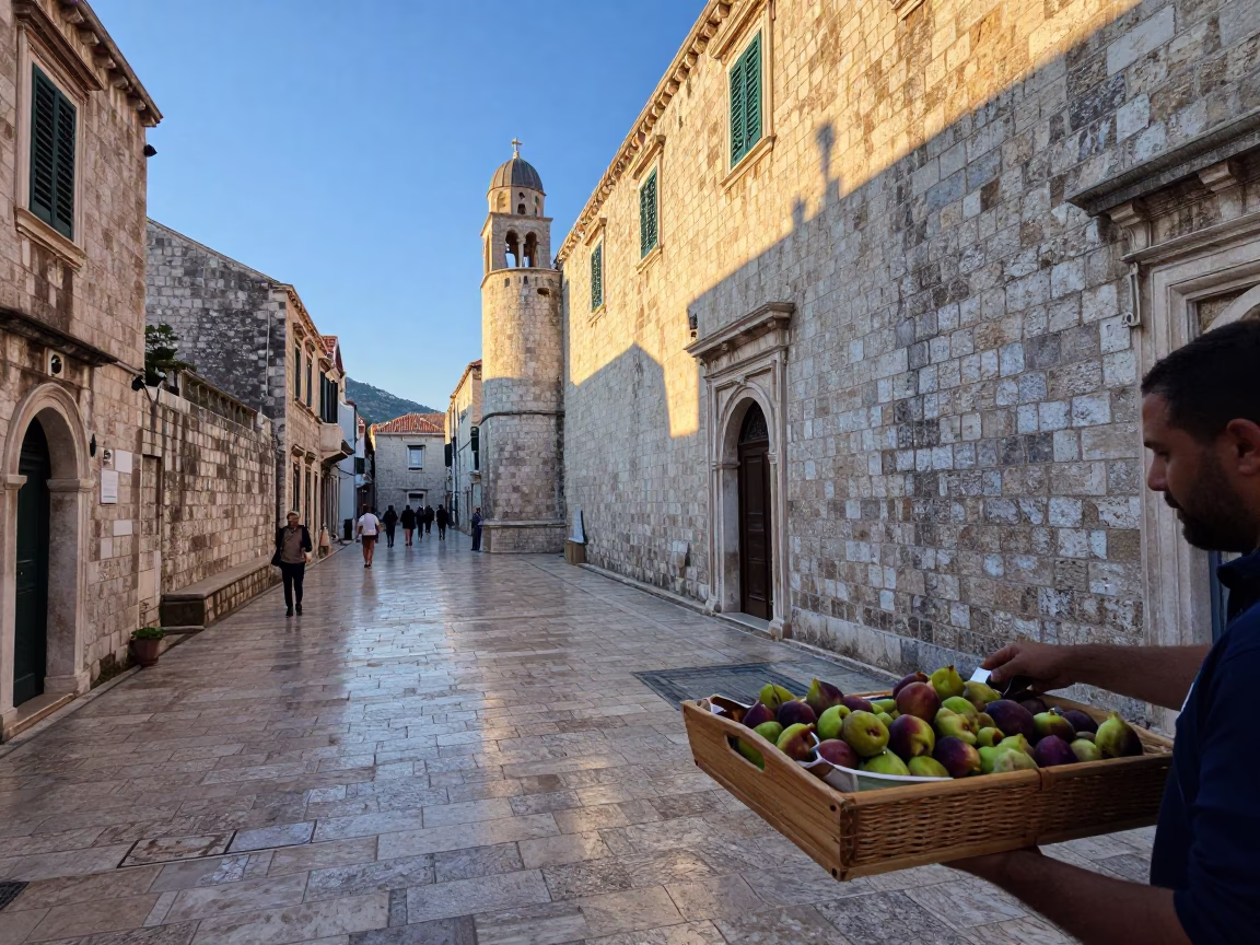 Dawn in Dubrovnik Croatia Old Town with Basket Tray and Glass Jar in in Dubrovnik, Croatia
