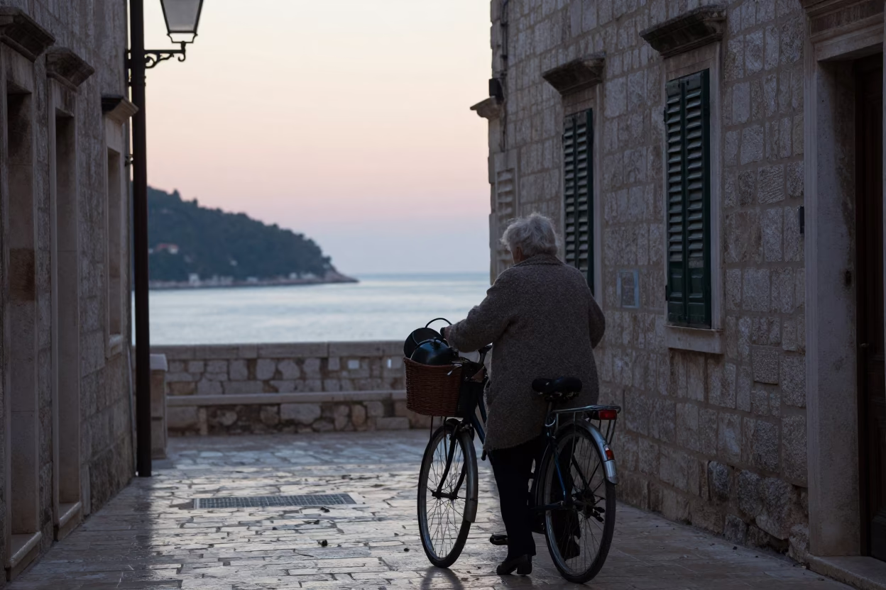 Dawn in Dubrovnik Croatia with Bicycle Basket and Saucepan in in Dubrovnik, Croatia