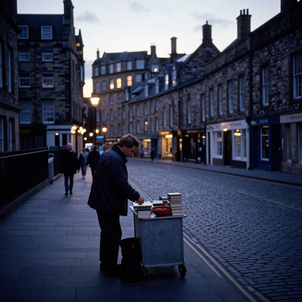 Dawn in Edinburgh Scotland Street Scene with Bookmarks and Bowl in in Edinburgh, United Kingdom