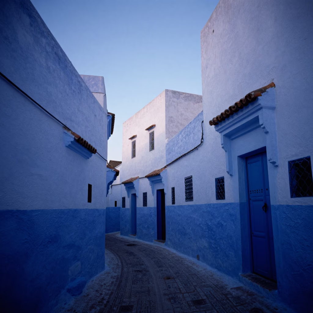 Dawn in Essaouira Morocco Blue Hour Light on White Walls and Blue Doors in in Essaouira, Morocco