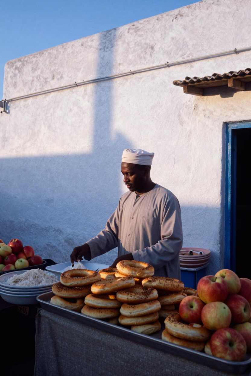 Dawn in Essaouira Morocco with Mandazi and Apples in Traditional Market in in Essaouira, Morocco
