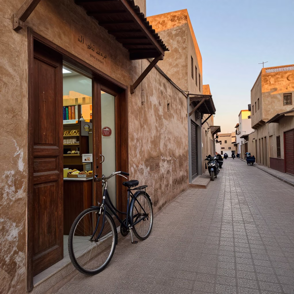 Dawn in Fez Morocco Bicycle Bakery Street Scene in in Fez, Morocco