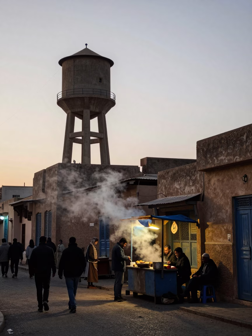 Dawn in Fez Morocco bustling medina street with water tower and steam haze in in Fez, Morocco