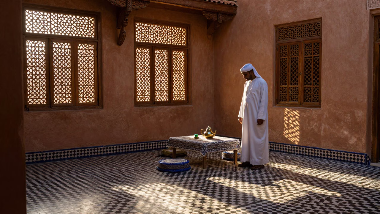 Dawn in Fez Morocco Courtyard with Traditional Tea Service and Morning Light in in Fez, Morocco