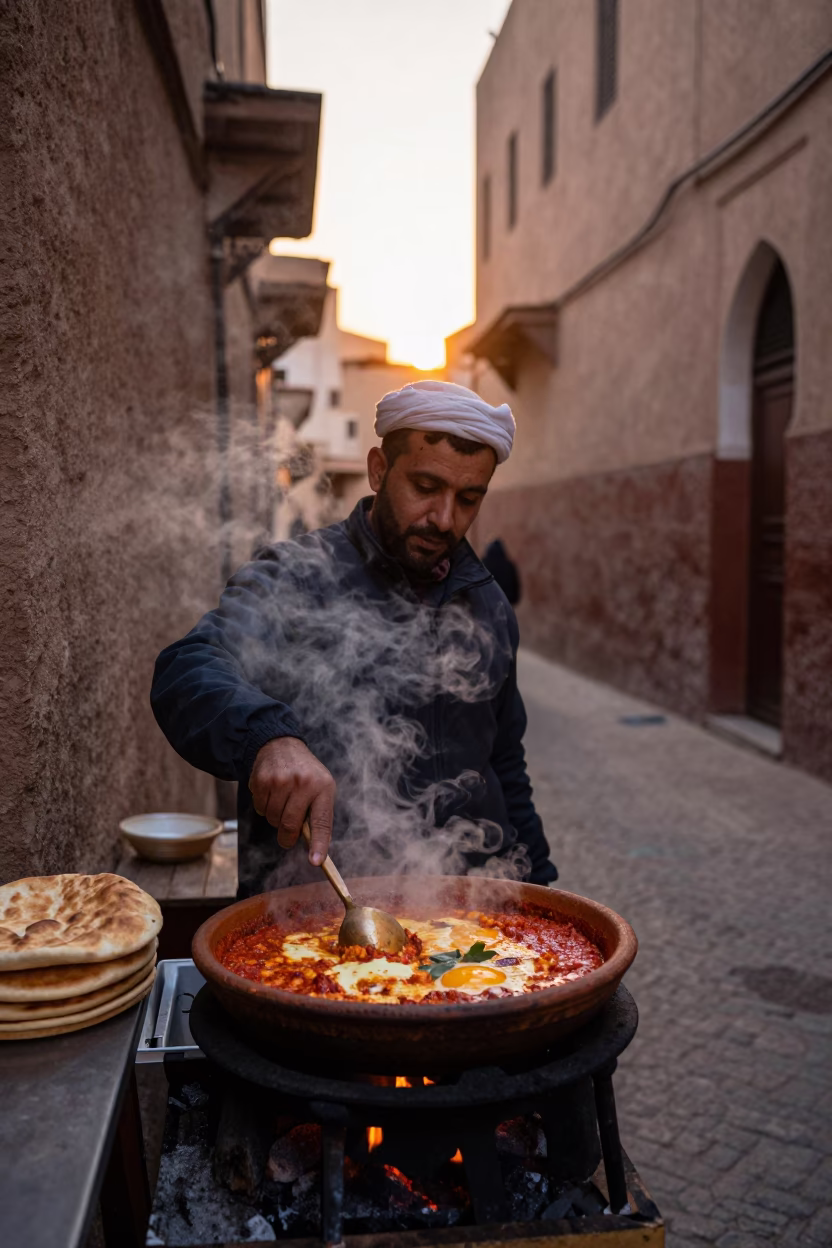Dawn in Fez Morocco Street Food Vendor with Shakshouka and Pita Bread in in Fez, Morocco