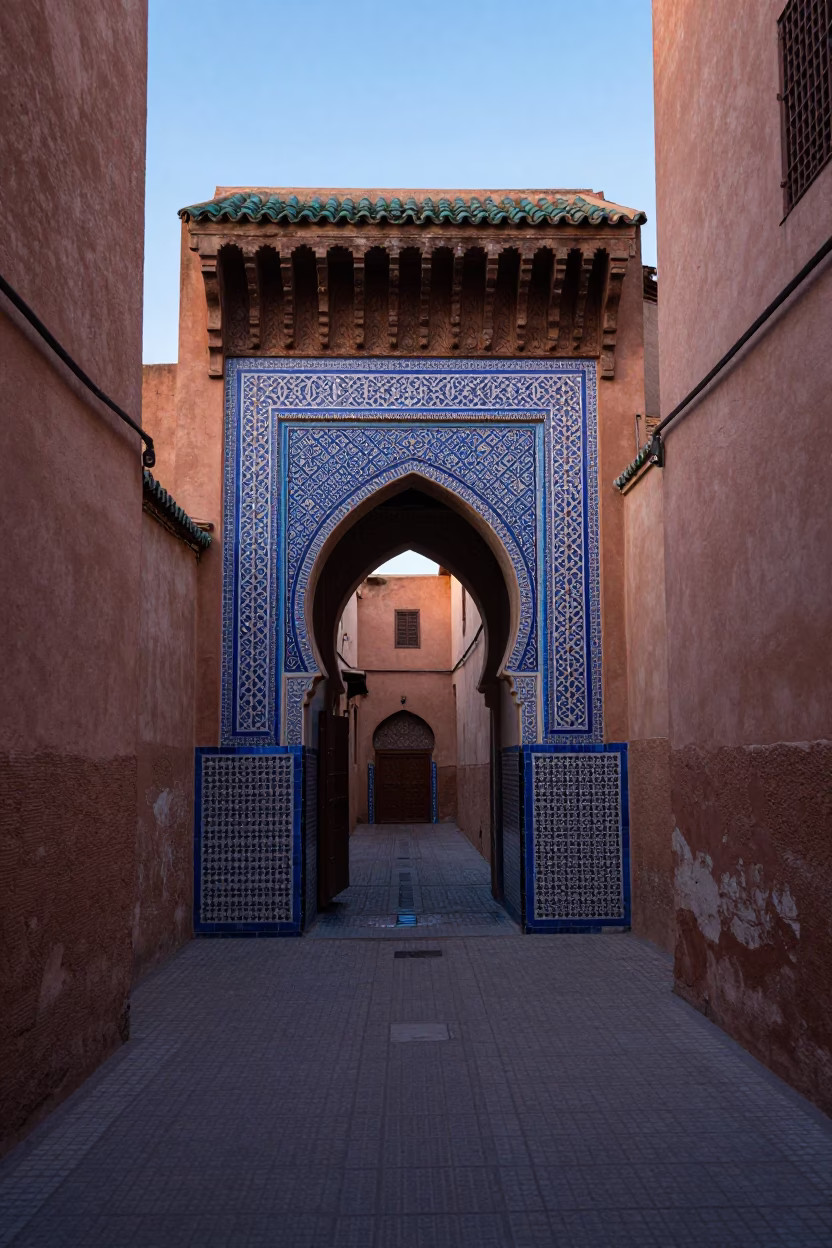 Dawn in Fez Morocco Traditional Zellige Tilework and Narrow Alleyway at First Light in in Fez, Morocco