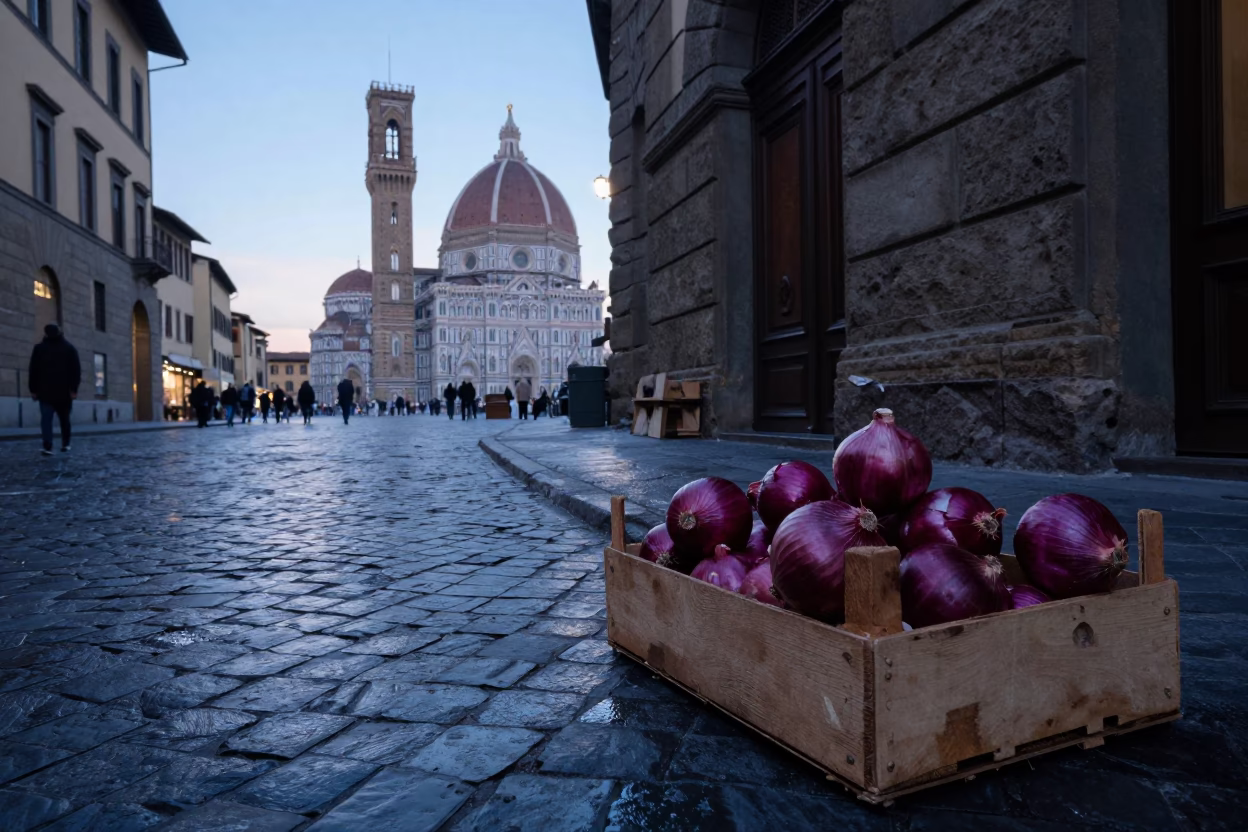 Dawn in Florence Italy Before Sunrise with Onions and Cobblestone Streets in in Florence, Italy