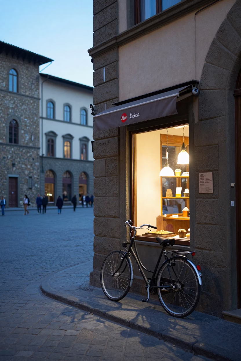Dawn in Florence Italy Bicycle Propped Against Bakery with Warm Light in in Florence, Italy
