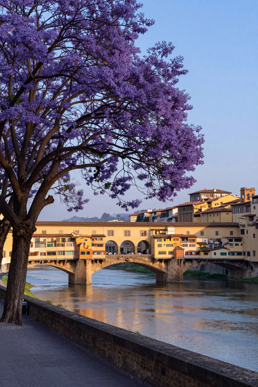 Dawn in Florence Italy Jacaranda Tree and Historic Bridge at First Light in in Florence, Italy