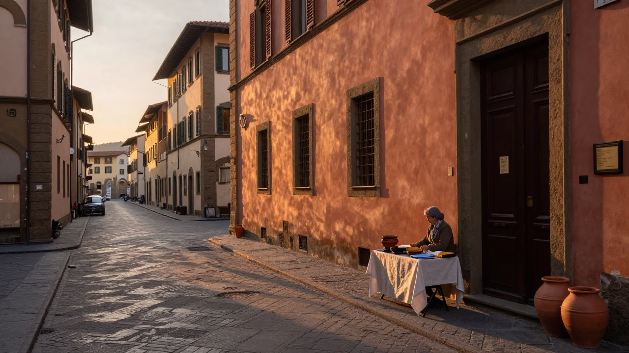 Dawn in Florence Italy Street Scene with Clay Pot and Linen Runners in in Florence, Italy