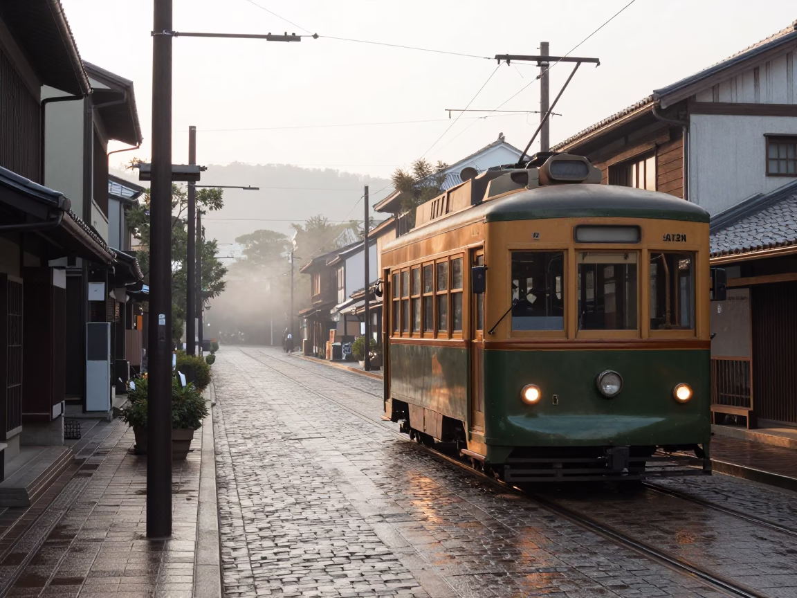 Dawn in Fukuoka Japan Heritage Tram and Cobblestone Street Early Morning Light in in Fukuoka, Japan