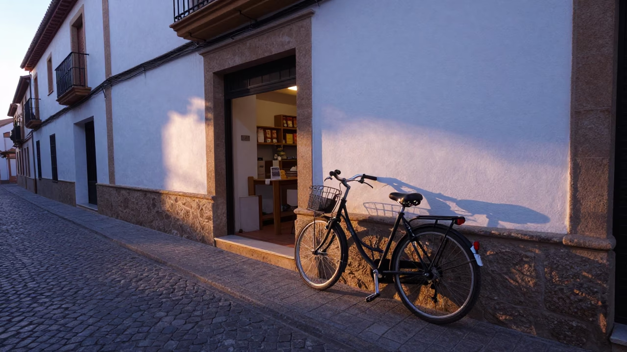 Dawn in Granada Spain Bicycle Propped Against Bakery Exterior First Light in in Granada, Spain